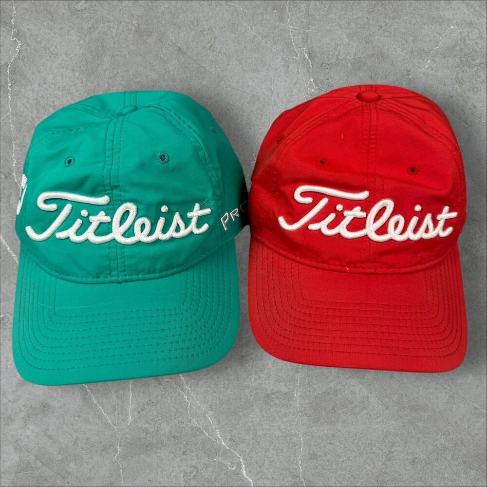 Green and Red Titleist Pro V1 Foot Joy Strap Back Golf Caps - Adjustable